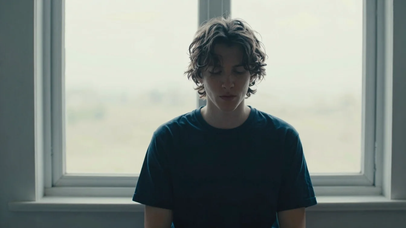 Calm natural photograph of a person seated by a window exhaling s
