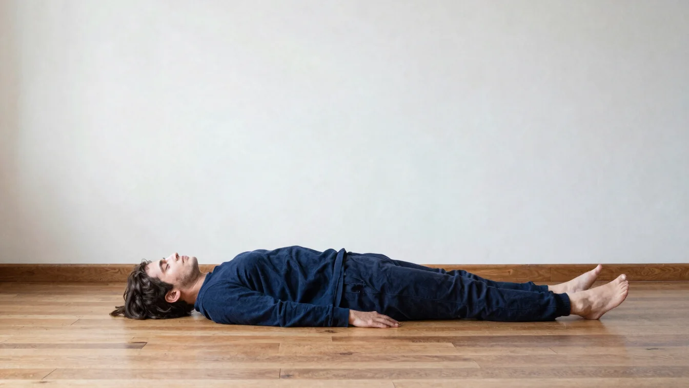Natural photograph of a relaxed stretch on a wooden floor in soft