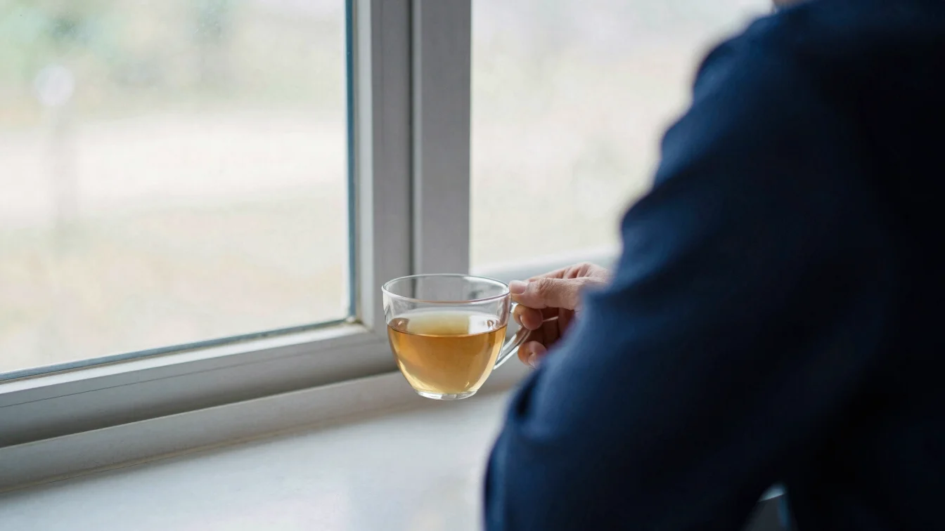 Quiet natural photograph of a person pausing beside a window with