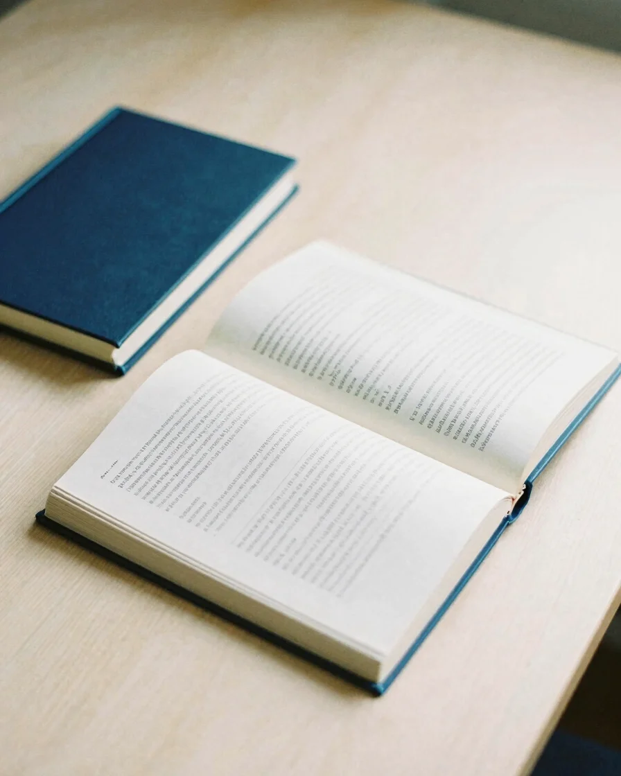 Quiet natural daylight over an open reference book and a notebook