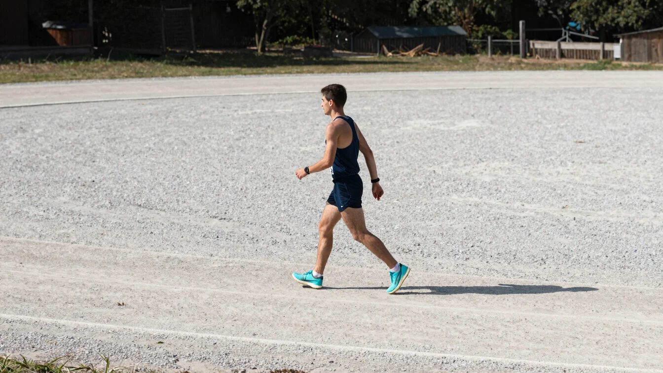 Natural daylight photograph of a runner walking slowly after a se