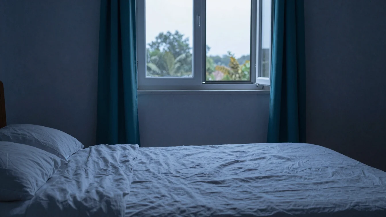 Natural soft-light photograph of a bedroom at dusk with linen she