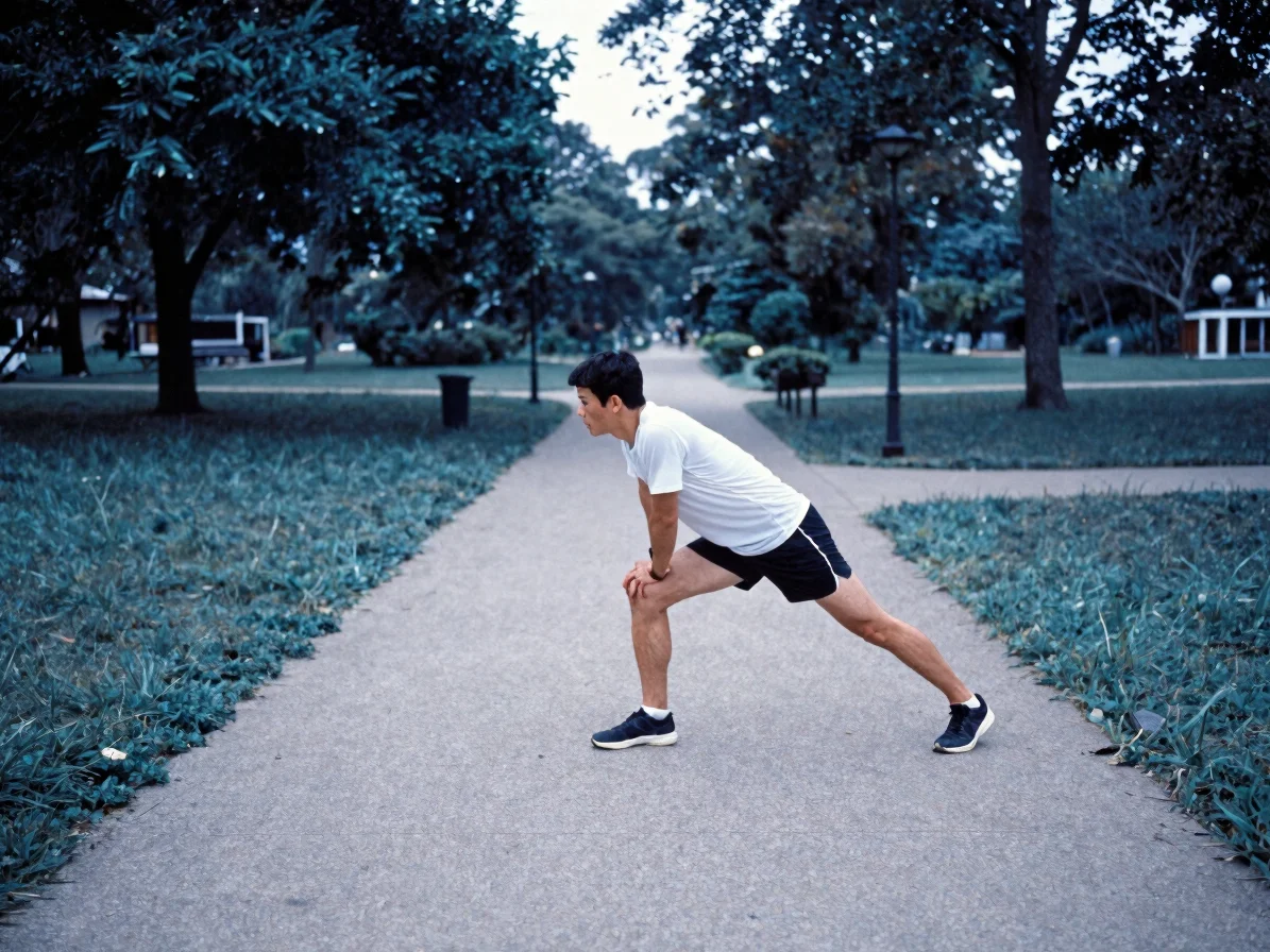 Natural editorial photograph of a runner stretching on a quiet pa