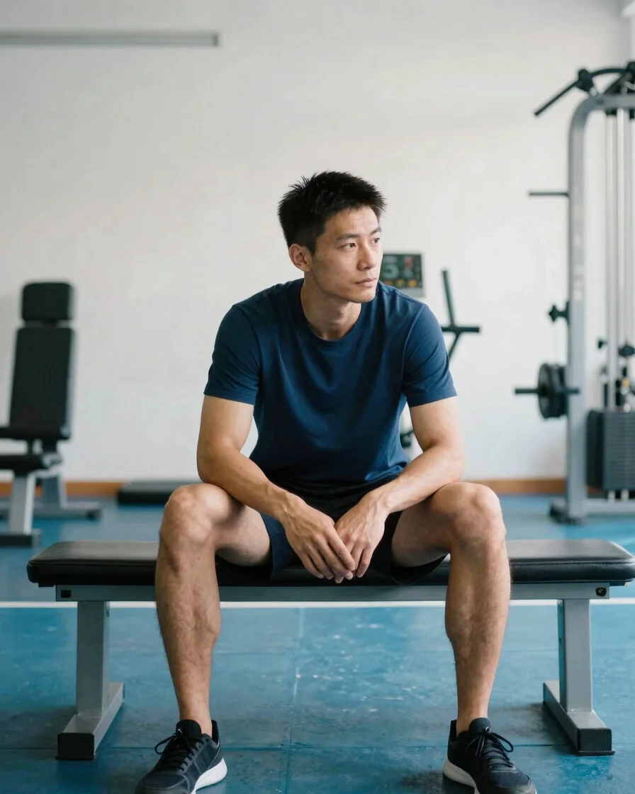 Natural editorial photograph of an athlete sitting calmly on a be