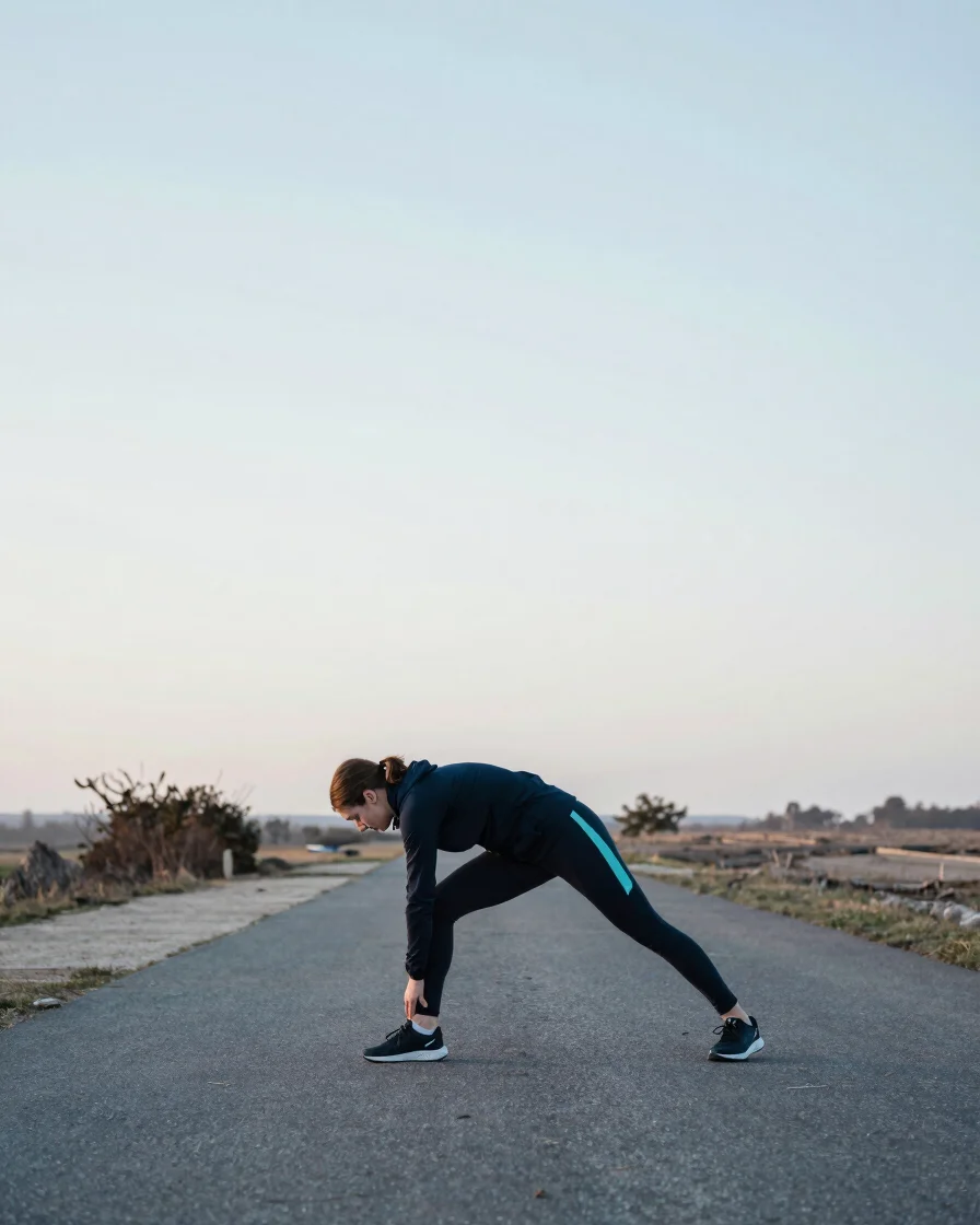 Natural daylight photograph of an athlete stretching on a quiet o